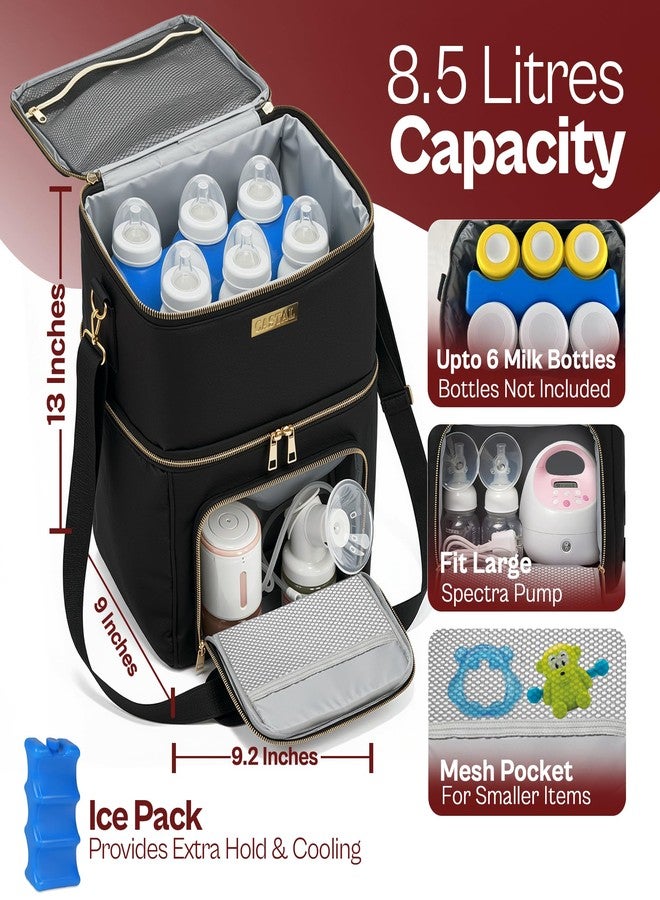 Castal Breast Pump Bag Spectra S1 S2–Insulated Spectra Pump Bag, Breastmilk Cooler Bag with Ice Pack–Leak-Proof Double Layer Breast Pump Travel Bag Holds 6 Milk Bottles with Elastic Strap–Black - Image 2